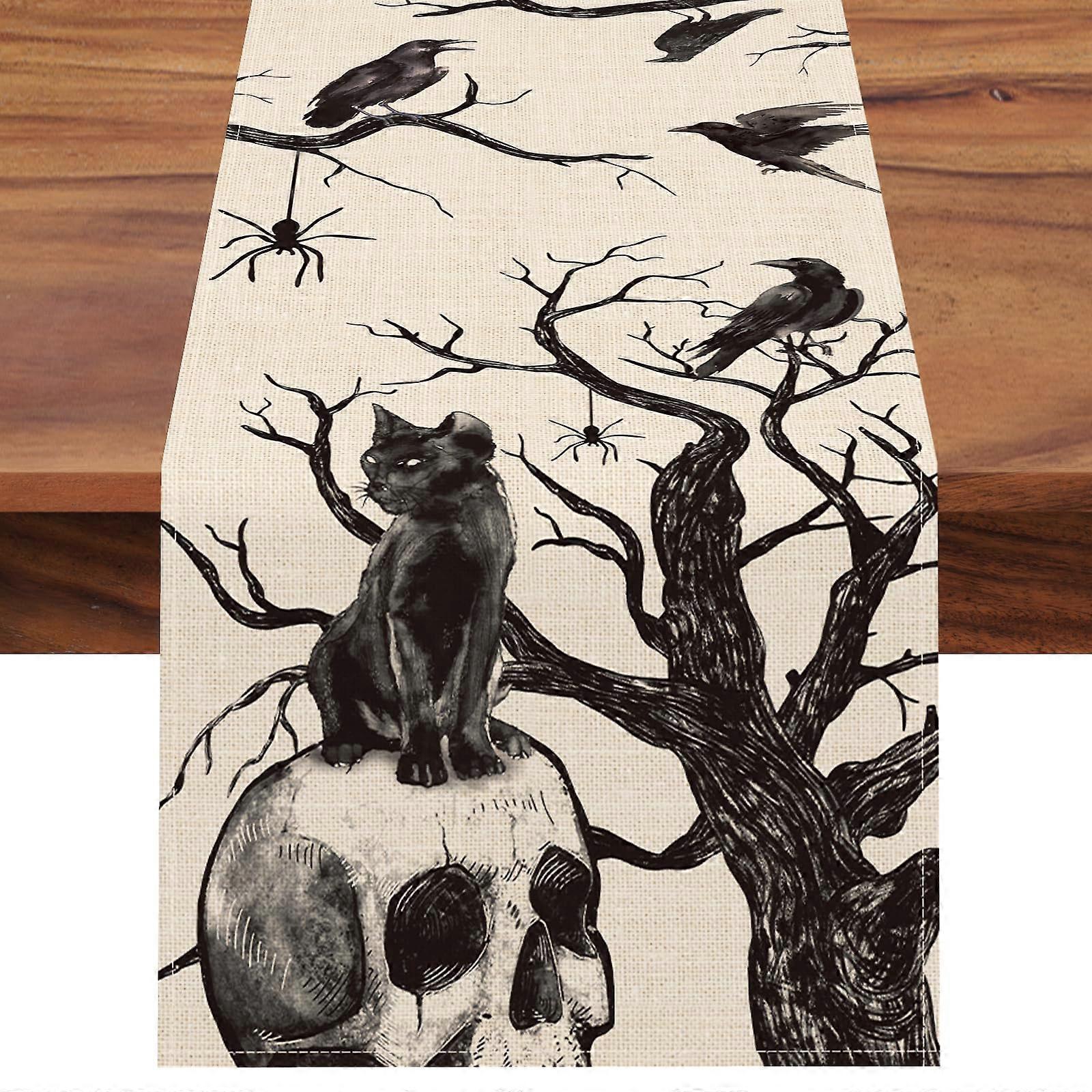 Halloween Gothic Skull Black Cat Crow Silhouette Tree Branches Spider Table Runner for Holiday Parties 13 x 90 Inch