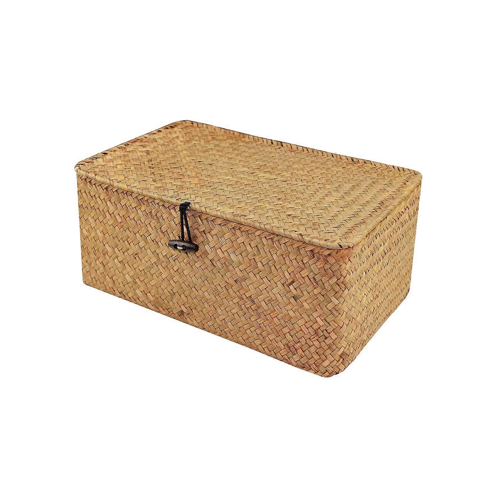 Wicker Storage Basket with Lid, Large Natural Woven Rattan Seagrass Organizer Box for Shelf and Wardrobe Storage