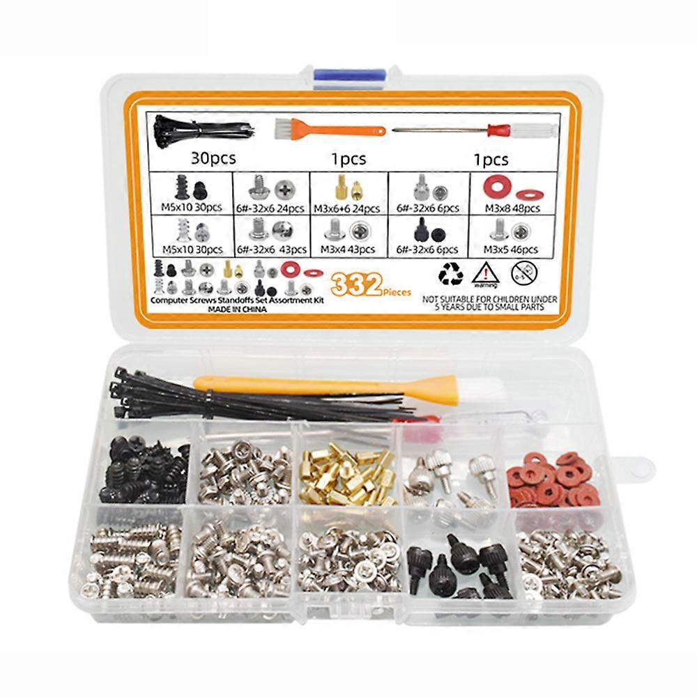 332pcs Personal Computer Screw Standoffs Set PC Screw Set Accessories for Mainboard, Case, Hard Drive, with Mini Screwdriver and a Brush