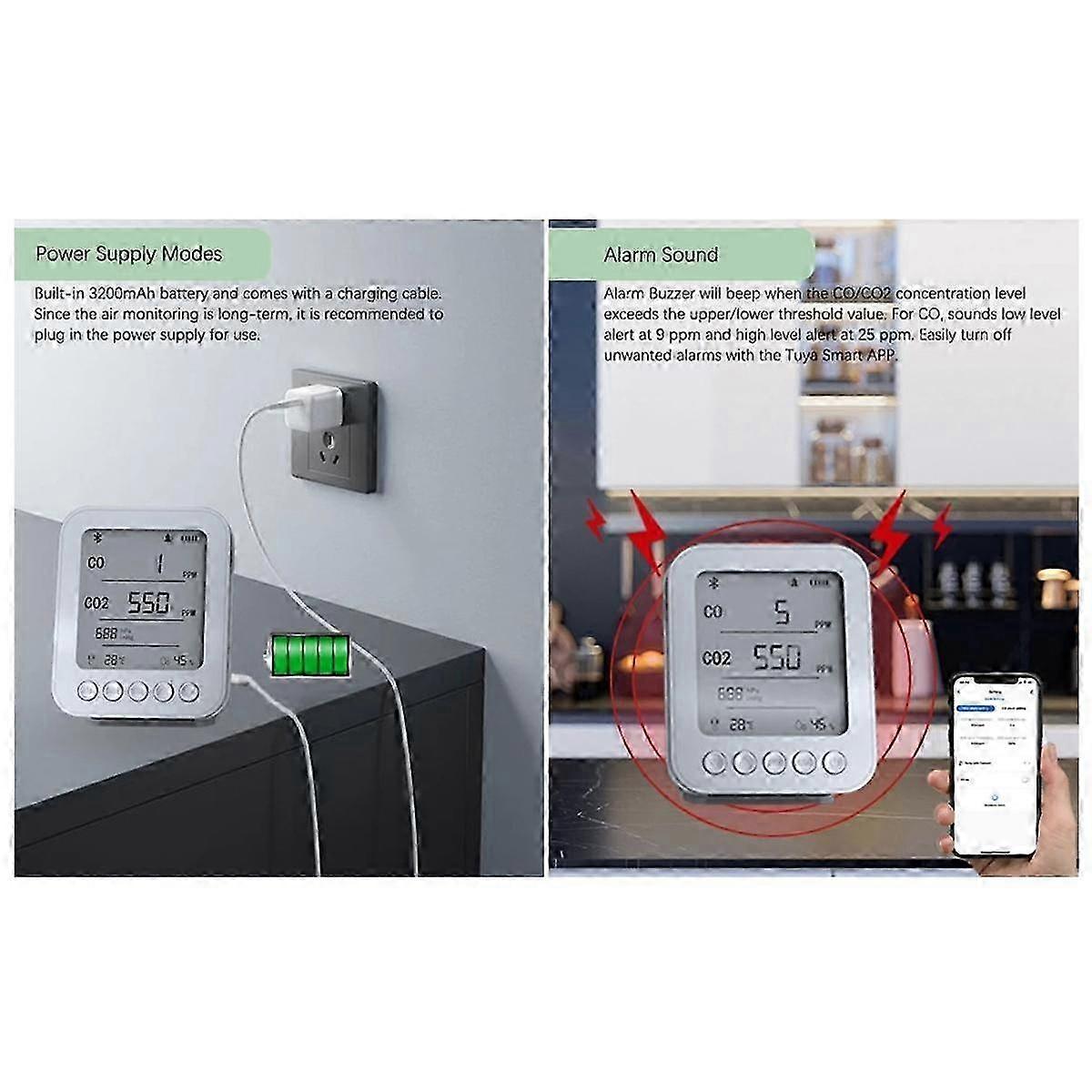 5-in-1 Bluetooth CO2 Detector for Smart Home, Air Quality Monitor with CO Humidity Temperature Pressure Sensor