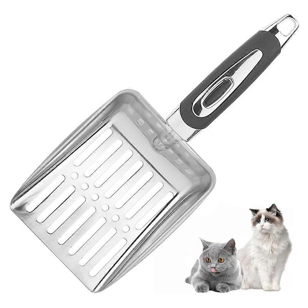 Cat litter scoop, cat litter scoop, non-stick coating, stainless steel, long handle, feces filter, feces screen (silver)