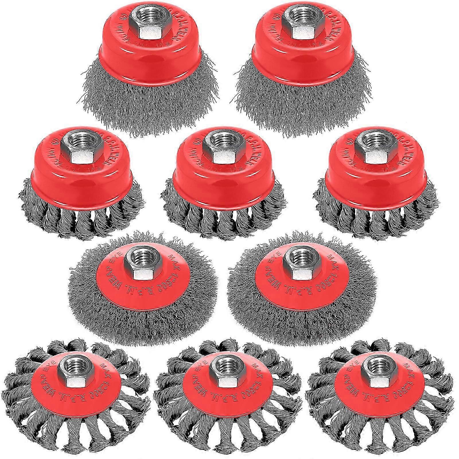 10pcs Brush Cup Set with Wire Wheels for 4 1/2 Angle Grinders using a 5/8' Thread Arbor System