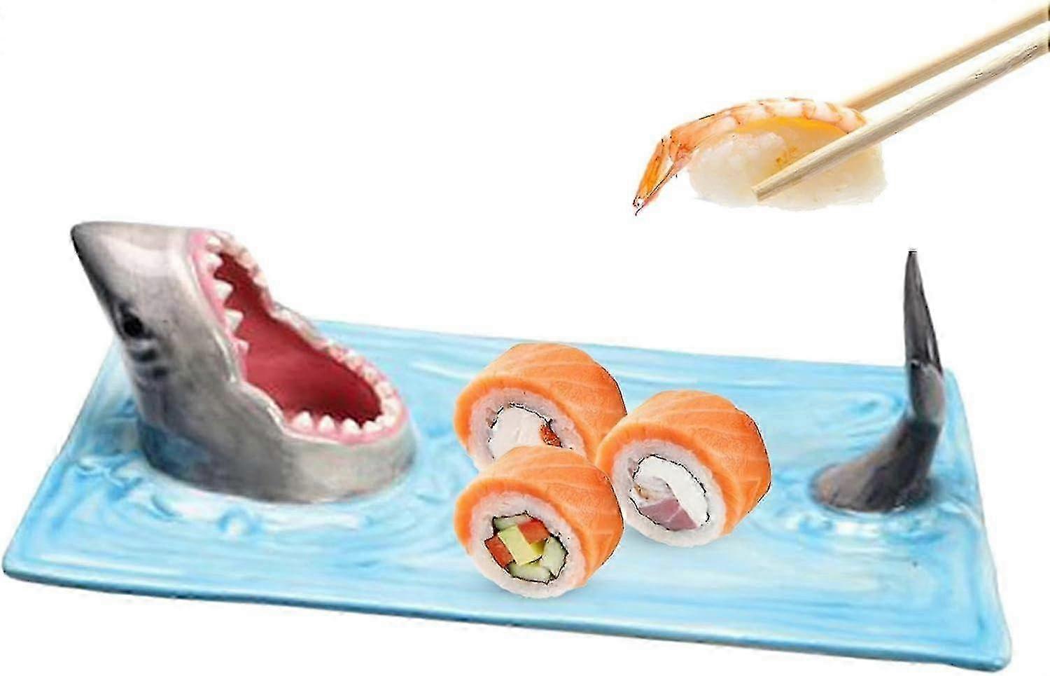 Sushi Boat Serving Tray, Rectangle Platter with Soy Sauce Holder - Shark Design