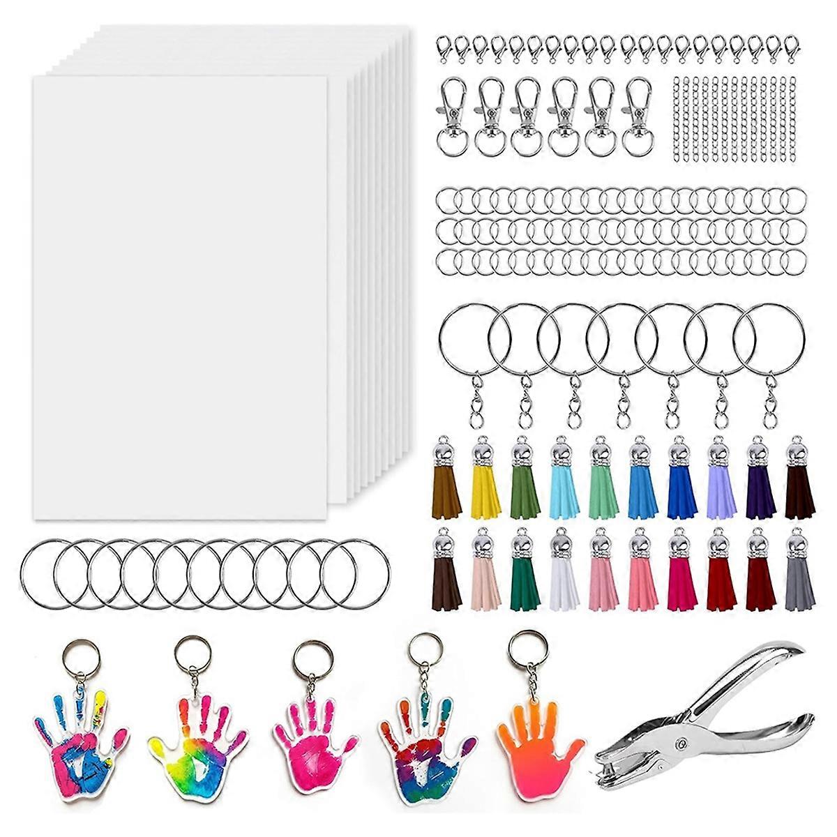 251 PCS Shrink Dink Keychain Kit Includes 20 Sheets Shrink Plastic Sheets, Hole Punch, Tassels, Lob