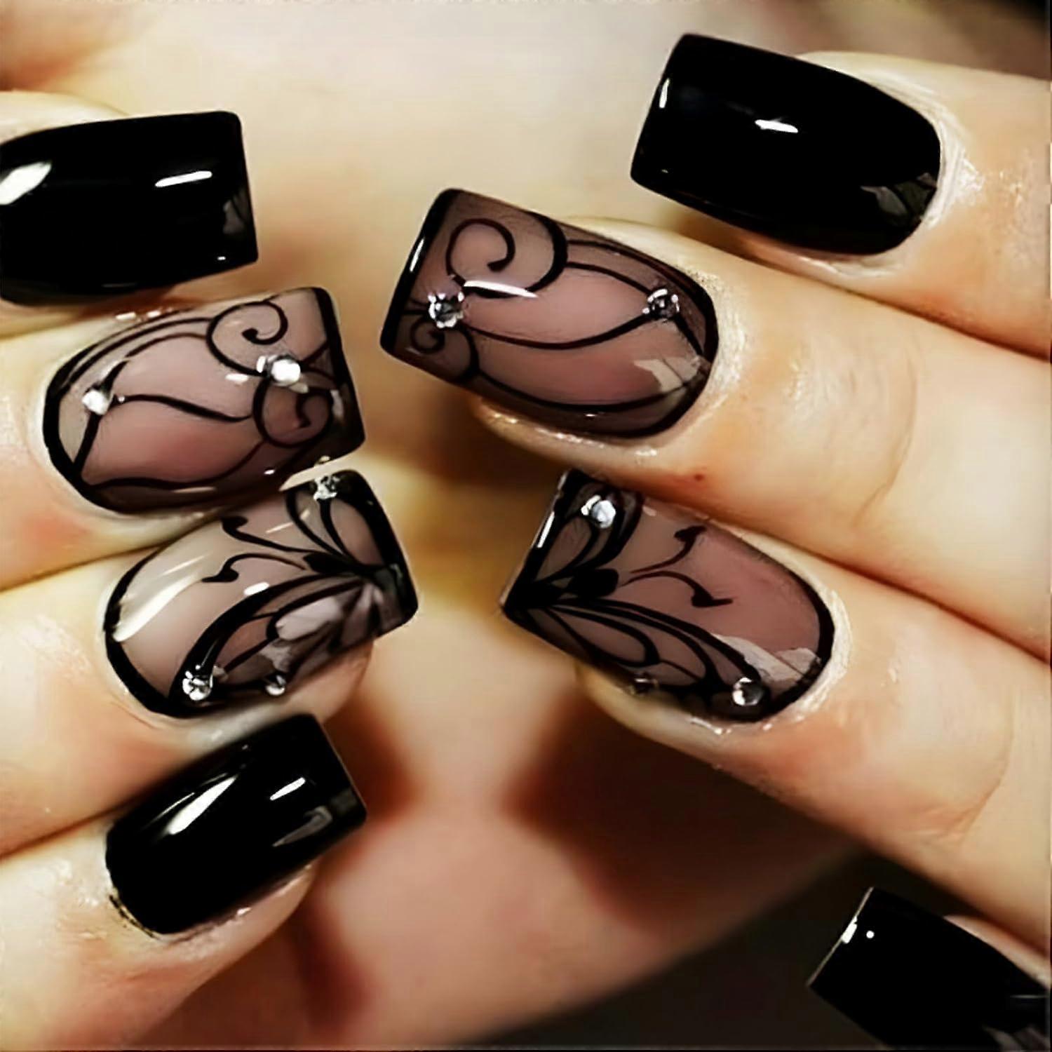 Curve Line Press on Nails with Dark Vine Design, Glossy