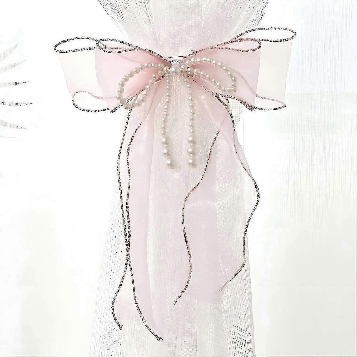 蝴蝶结窗帘绑带 2 件，蝴蝶窗帘带珍珠，家居装饰蝴蝶结窗帘带-粉红色-86cm（33.86 英寸）