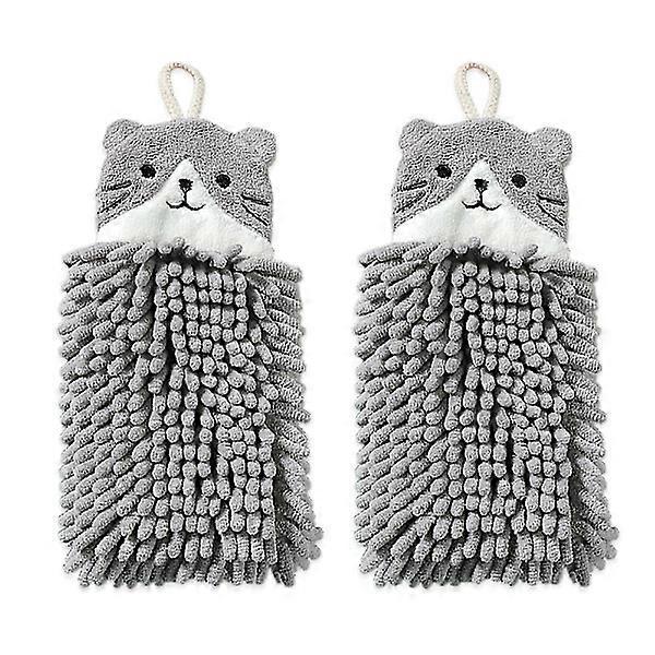 Double-sided animal-Chenille towel, bathroom towel with loop, hanging kitchen towel soft and absorbent gray