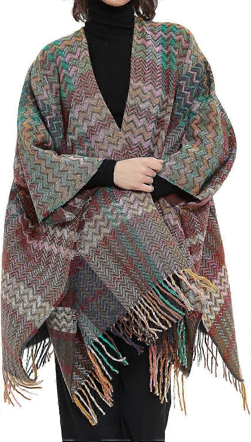Multicolor Chevron Pattern Shawl for Women - Cozy Open Front Knit Wrap with