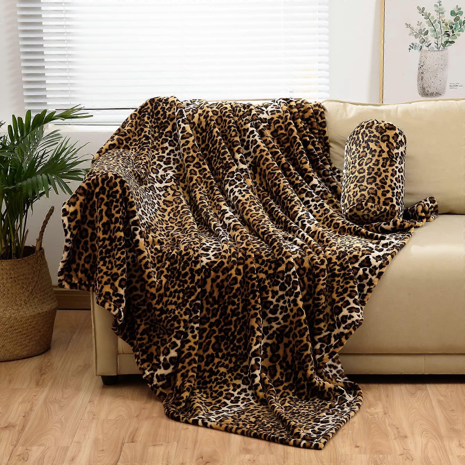 Leopard Print Flannel Twin Size Blanket 60x80 Inch with Storage Pouch, 300 GSM Soft Cheetah Print for Bed and Travel