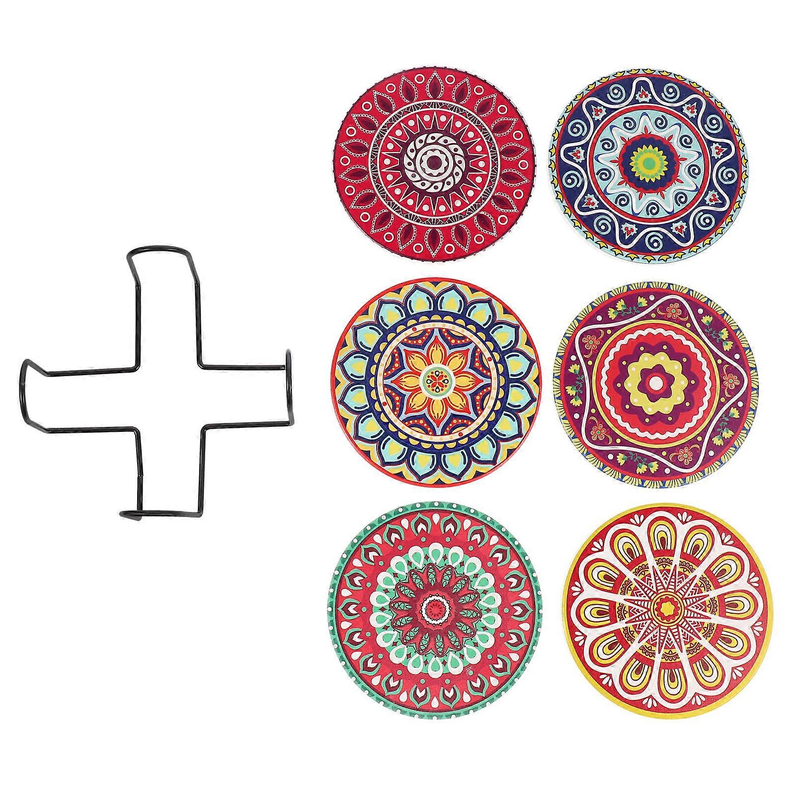 Cup Mats Ceramic Printed Wood Household Tableware Accessory Assorted Color Waterproof Function 1 Set