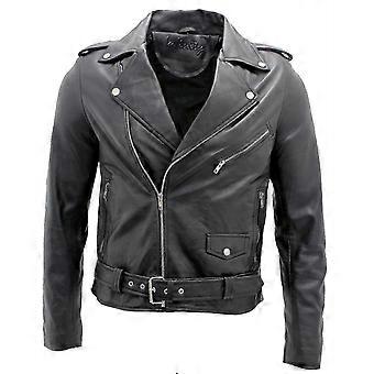 Men's Black Brando Leather Biker Jacket Abc