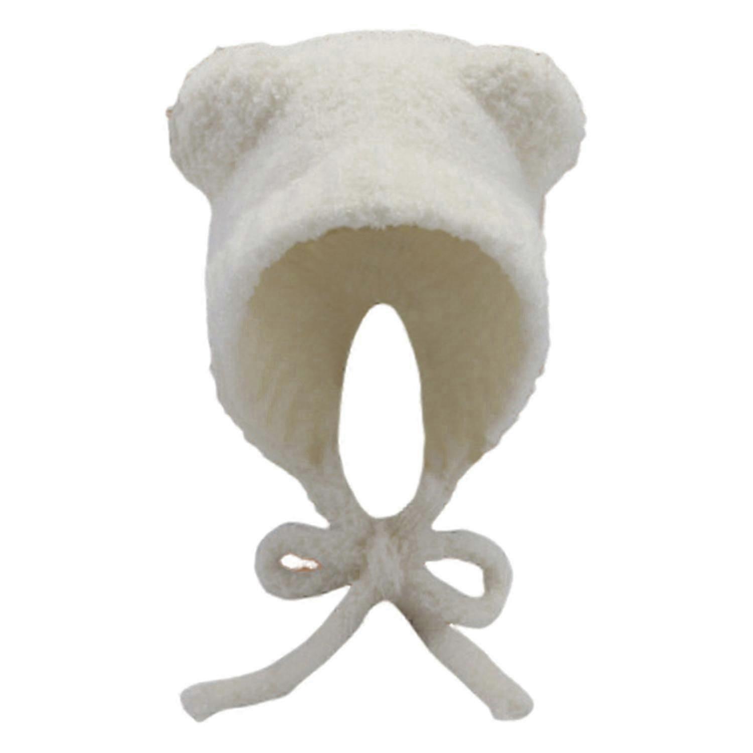 Winter Knitted Hat Cartoon Bear Hat Shape Thick Plush Lace-up Strap Knitted Cold-proof Windproof
