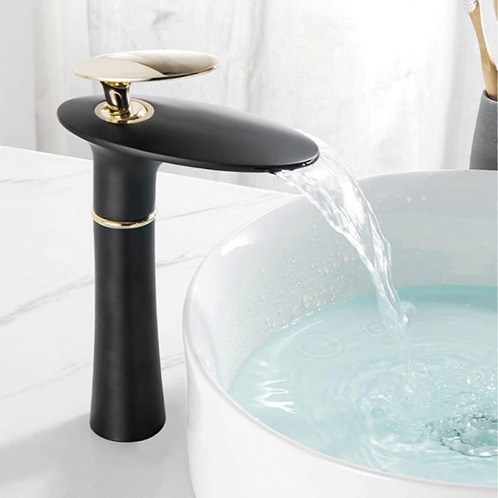 Waterfall Basin Faucet SingleHandle Hot And Cold Arc Spout Black Brass Finish Bathroom Sink Mixer