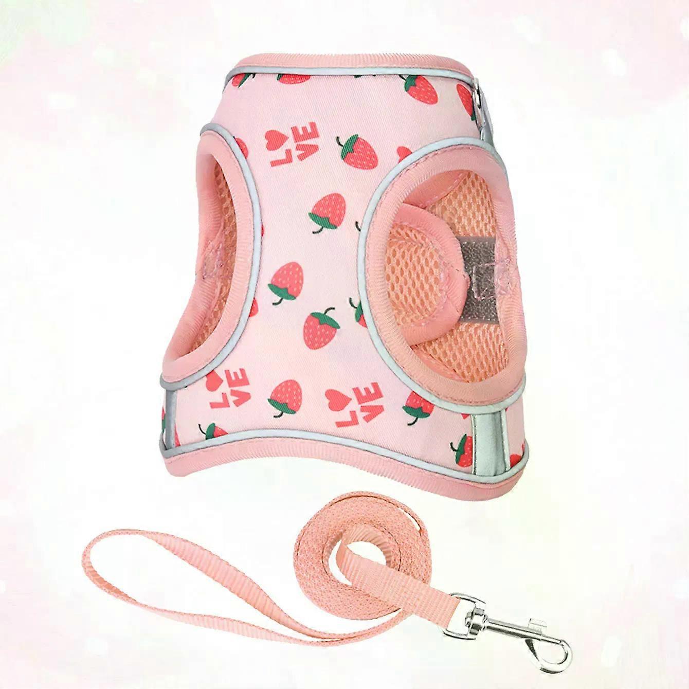 HLP512--Cute Pink Pet Dog & Cat Harness with No Pull Leash and Buckle 5 Fit Leash Strawberry Polyester Fabric Printing