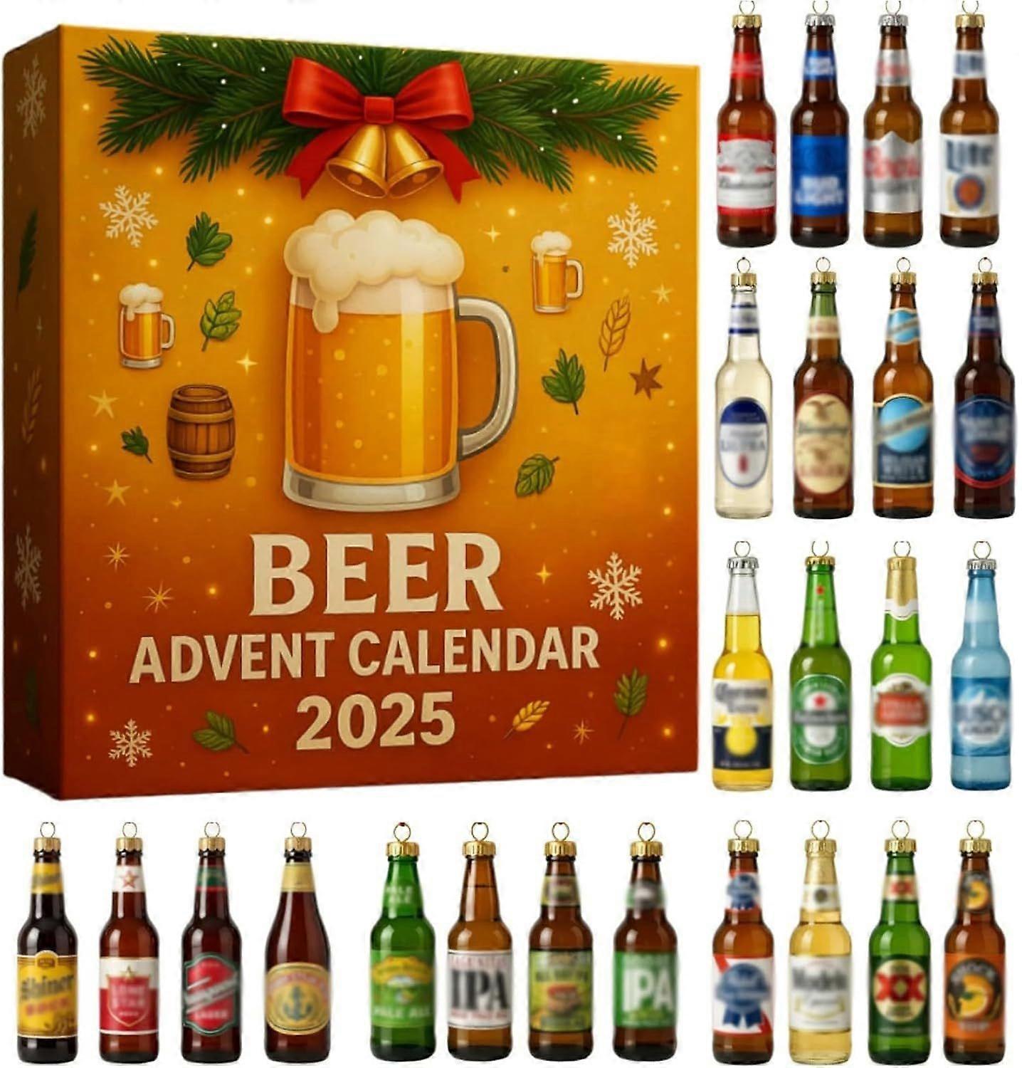 2025 Beer Advent Calendar, 24 Days Christmas Countdown Calendar with 24 Beers Christmas 2D Acrylic Ornaments, Christmas Tree Ornament, Gift for Beer L