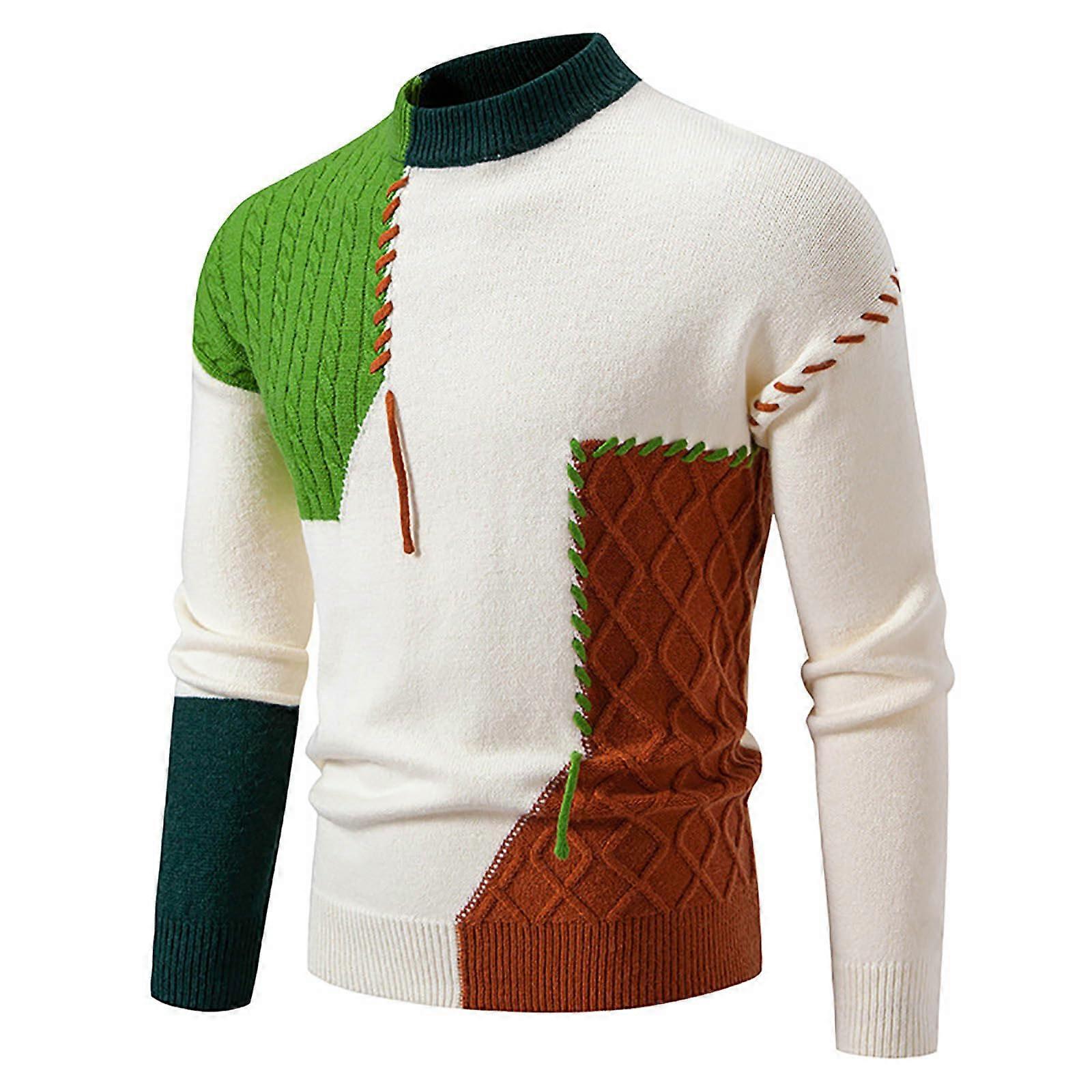 Patchwork Pullover Men's Colour Block Cable Knit Jumper Long Sleeve Winter Thermal Size M Black