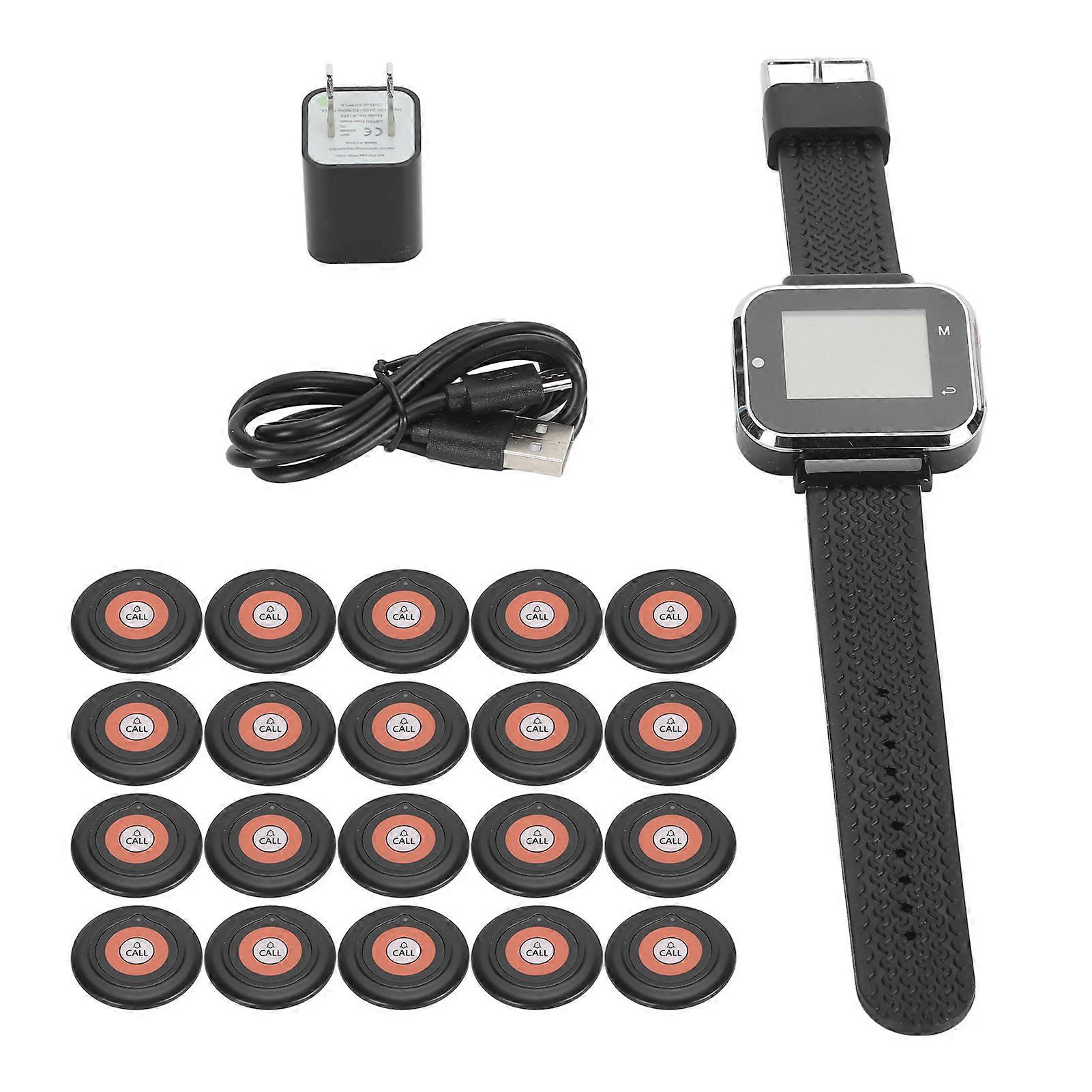 Wireless Call Button Watch System with 20 Pagers Waterproof Rechargeable LCD Display