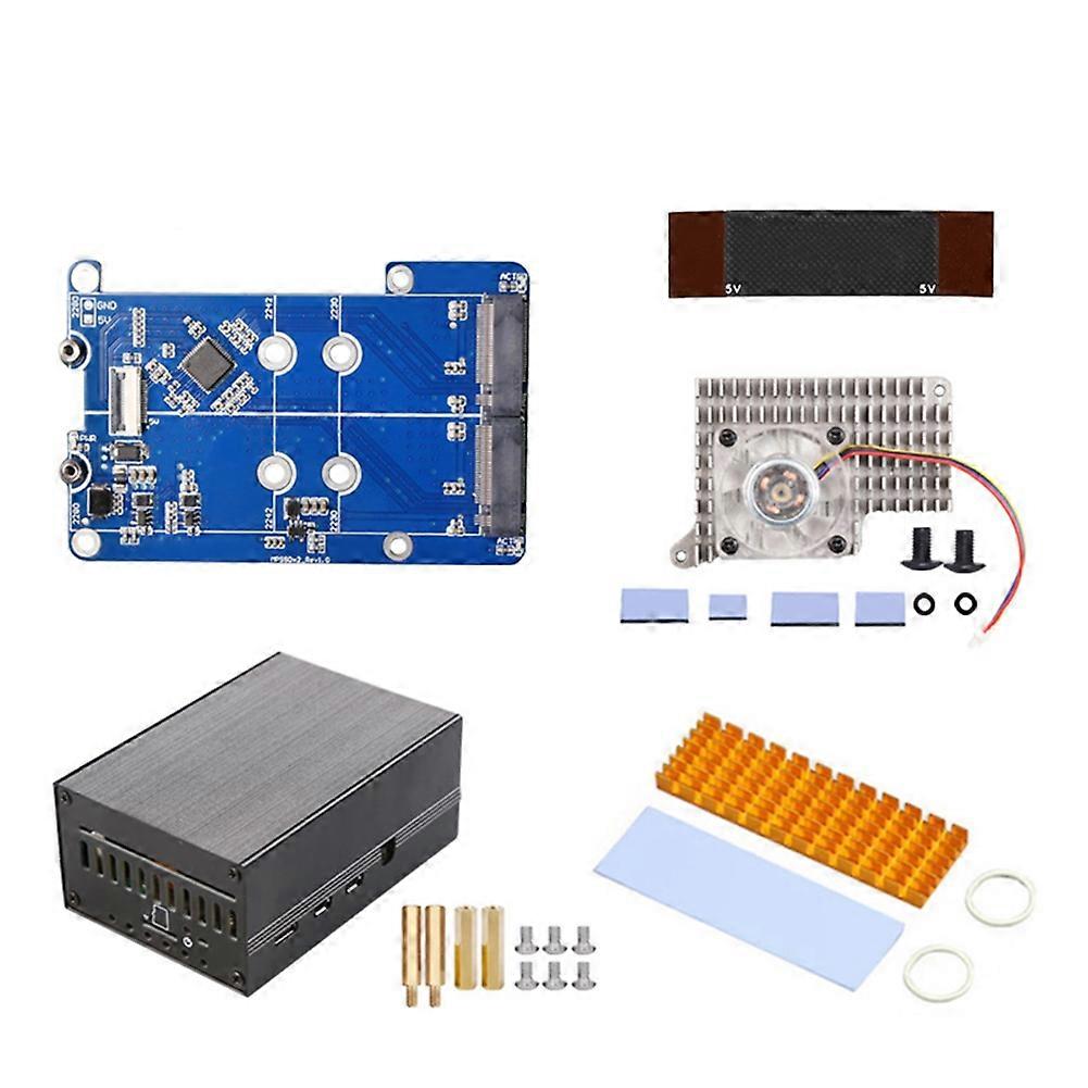 MPS2280D for Raspberry Pi 5 PCIE to M.2 Dual NVME SSD HAT+Case+SSD Heat Sink/Pi5 Fan Support 2280/2242/2230 SSD