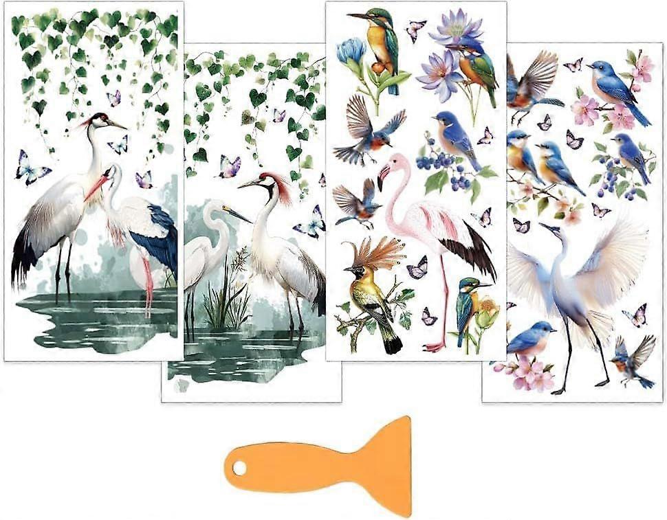 4pcs/Set Bird Rub on Transfers for Furniture and Crafts 6x12 Inch Flamingo Crane Furniture Decals Hummingbird Transfer Stickers with 1pc Scraper for W