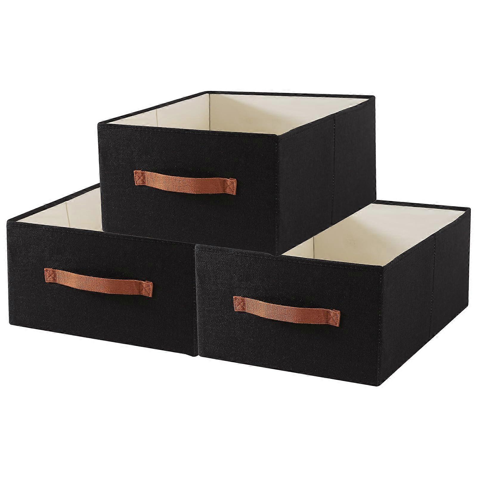 3 Pack Large Collapsible Fabric Storage Bins with Handles, Linen Closet Organizers for Shelves, Black