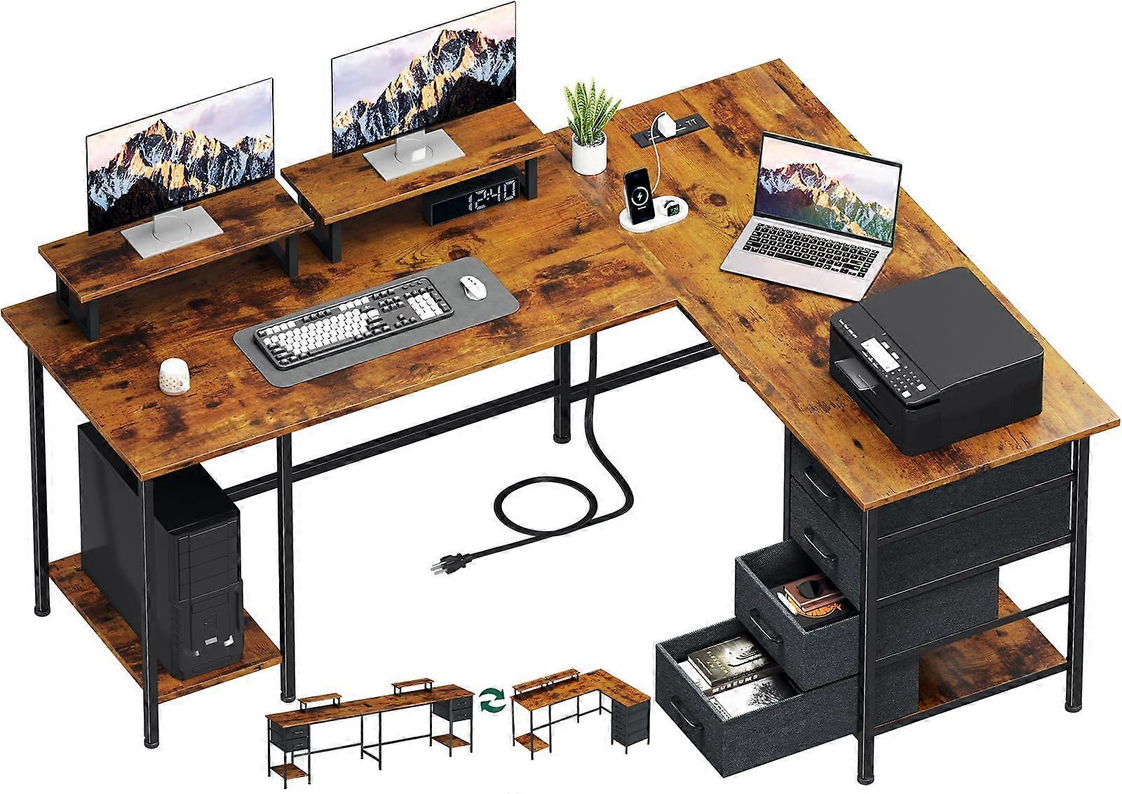 59 Inch L Shaped Computer Desk with Power Outlets, Home Office Desk with Drawers and Dual Monitor Stands, Rustic Brown
