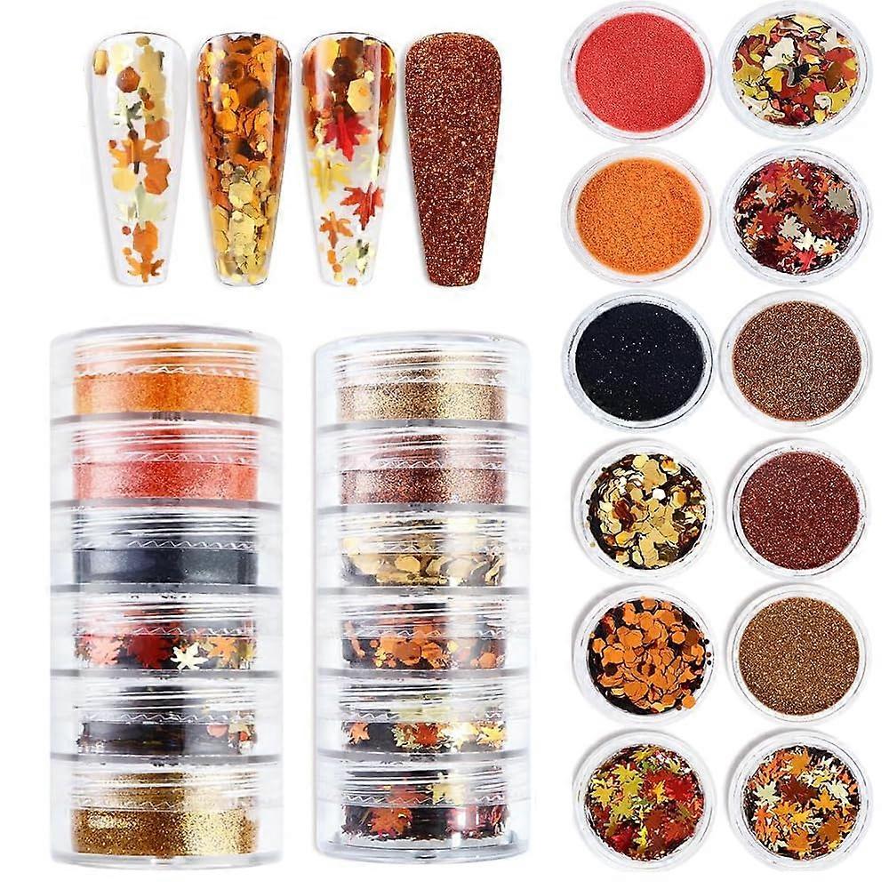 12 Box Autumn Maple Leaf Nail Art Glitter and Sequins for Fall Manicure Decorations