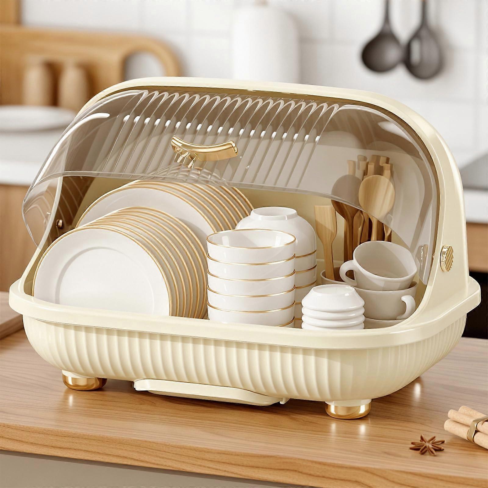 Large Covered Dish Drying Rack with Flip Lid, Removable Drip Tray and Over Sink Design