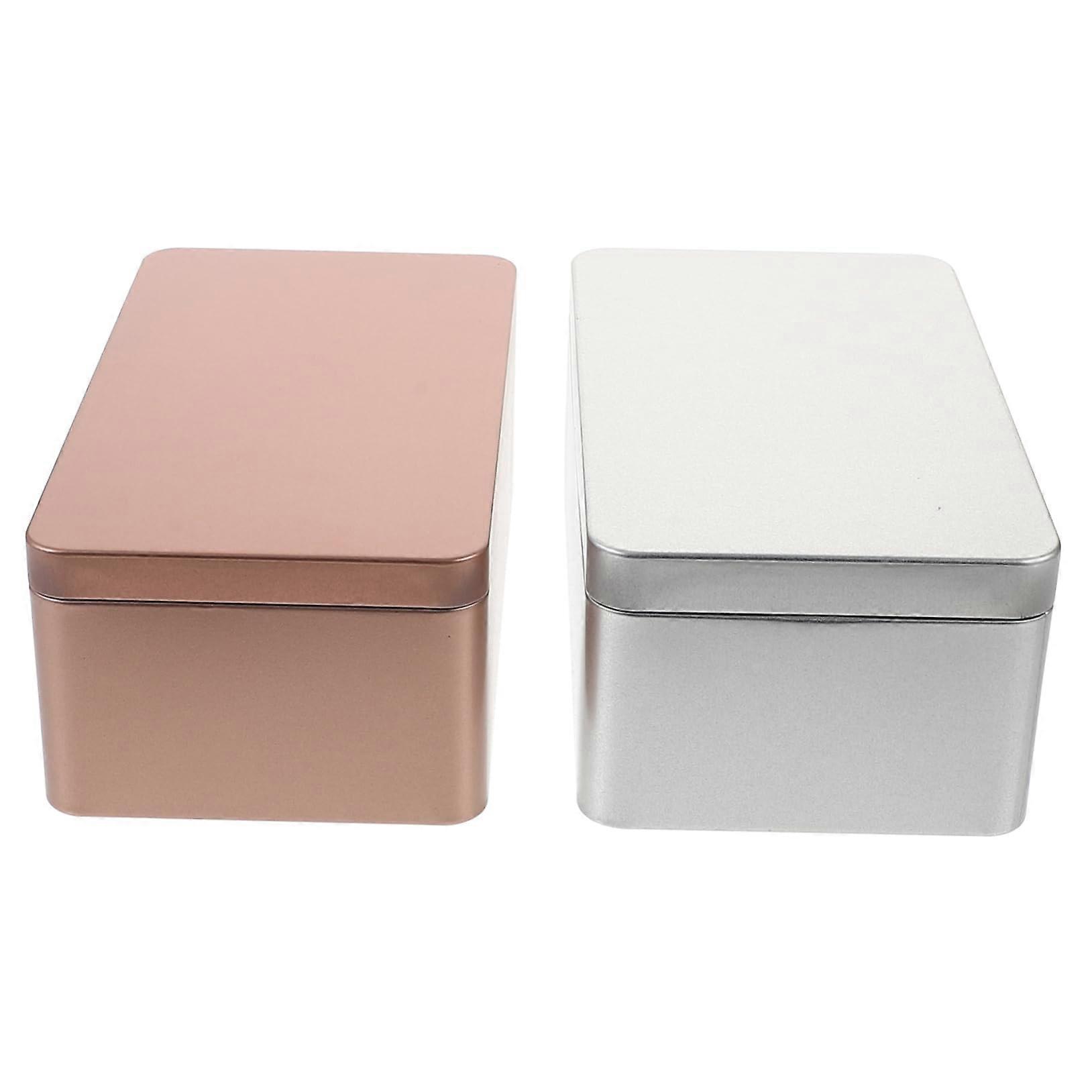 2pcs Airtight Rectangular Tin Storage Containers for Tea Leaves, Food, Small Items, Silver Rose Gold