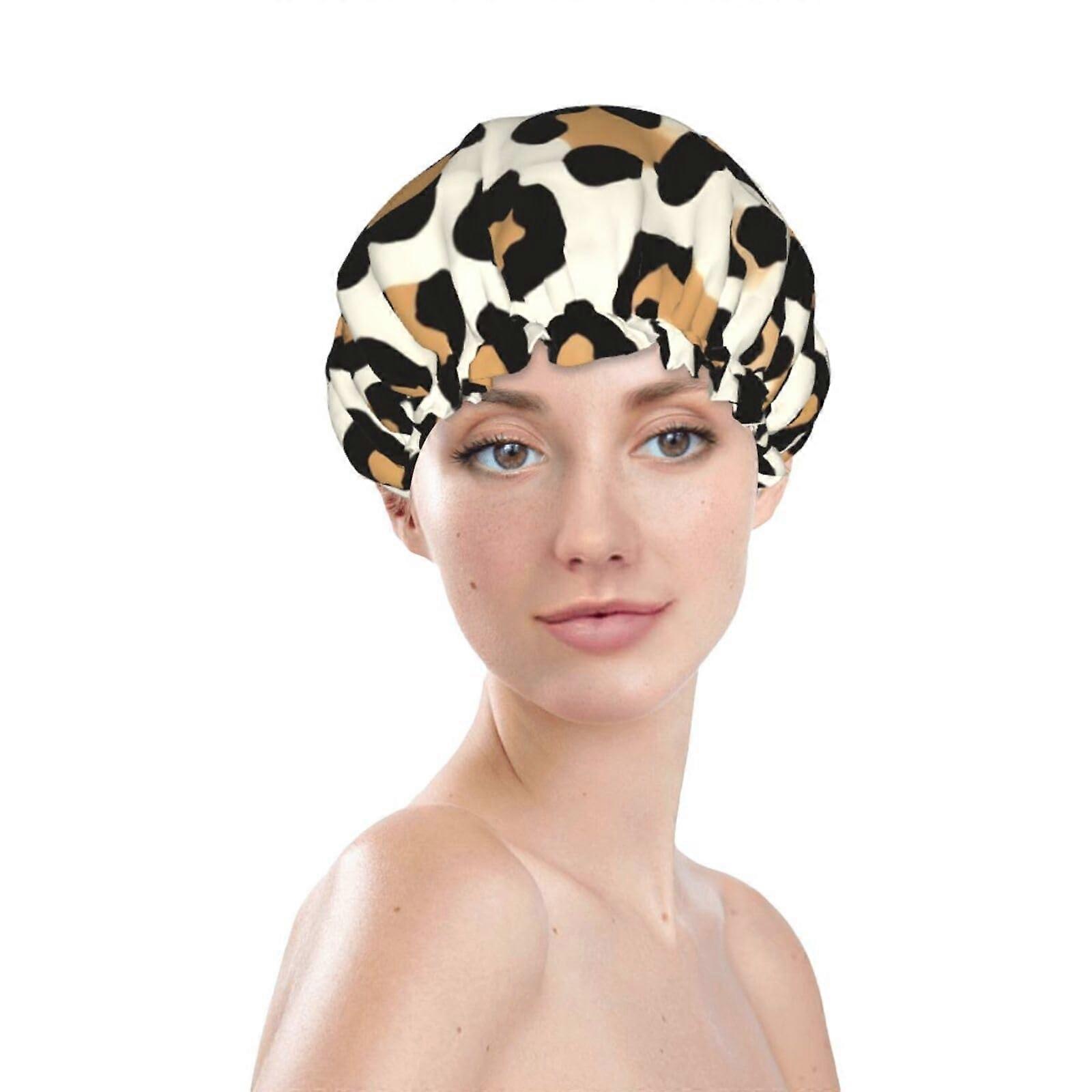 Cheetah Leopard Print Waterproof DoubleLayer Shower Cap for Women, Large Reusable Bath Hat