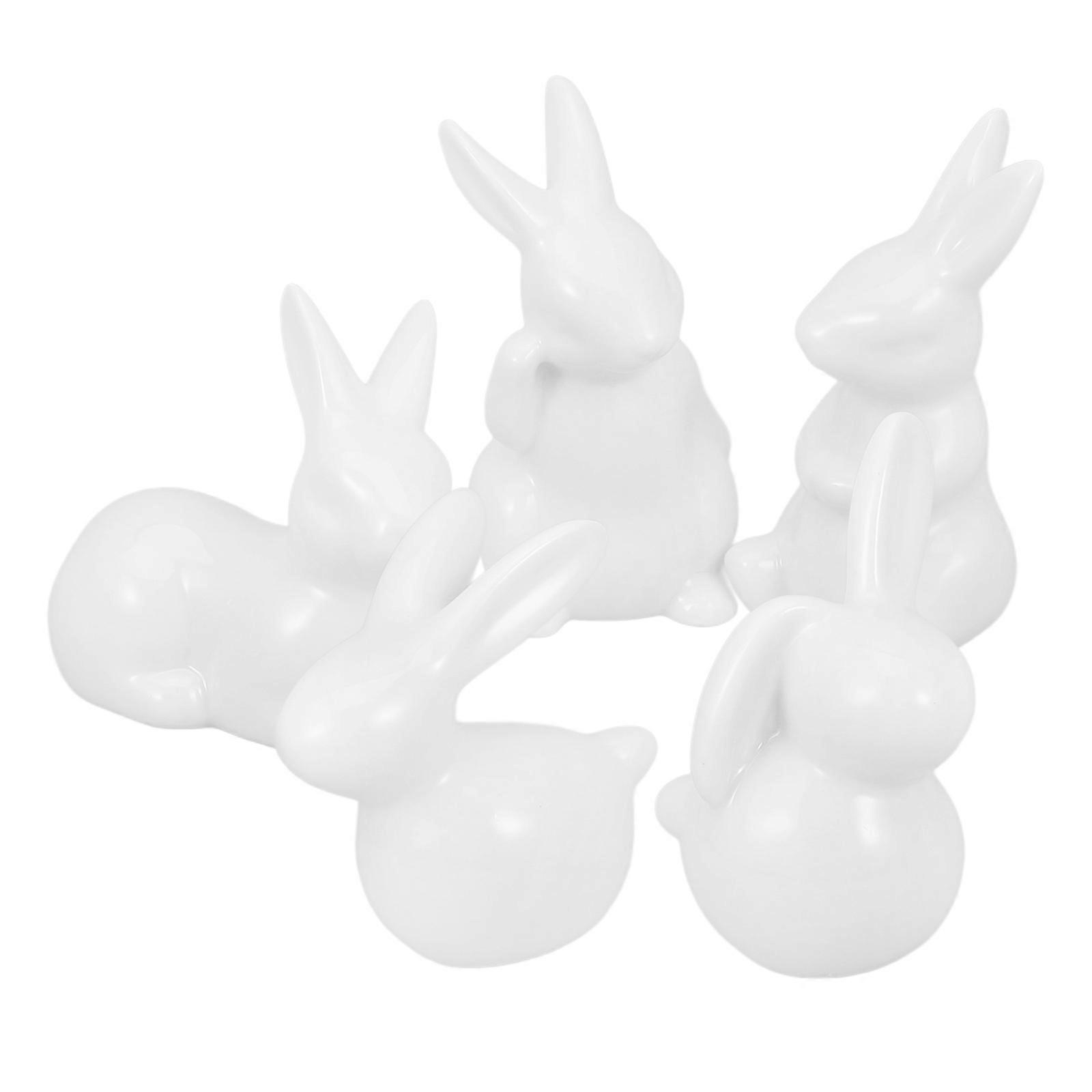 White Ceramic Rabbits Crafts Bunny Figurines for Decoration 5Pcs