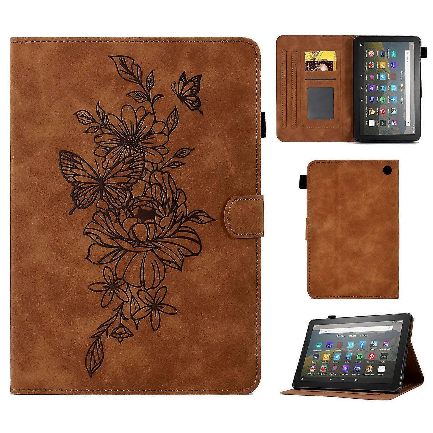 Butterfly Flower Pattern Imprinted Leather Case for Amazon Fire 7 (2022), Stitching Line Full Protec