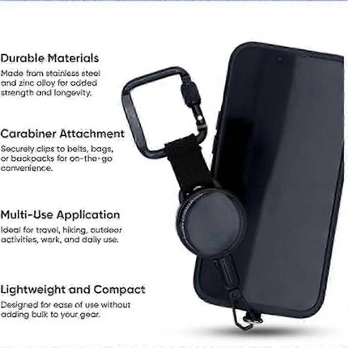 Reference retractable phone tether installed on black smartphone case showing mounting hardware