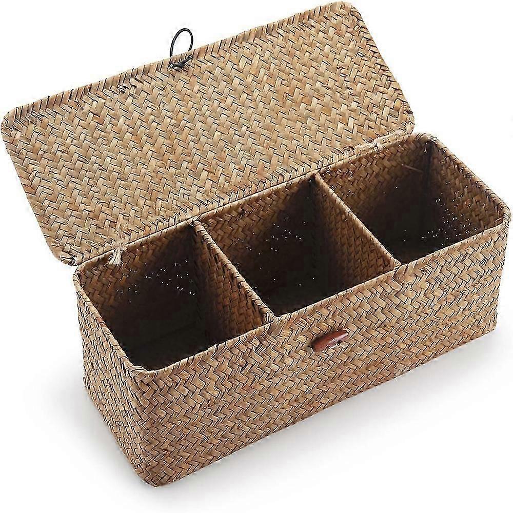 Storage Basket with Lid, Natural Woven Rectangular Organizer