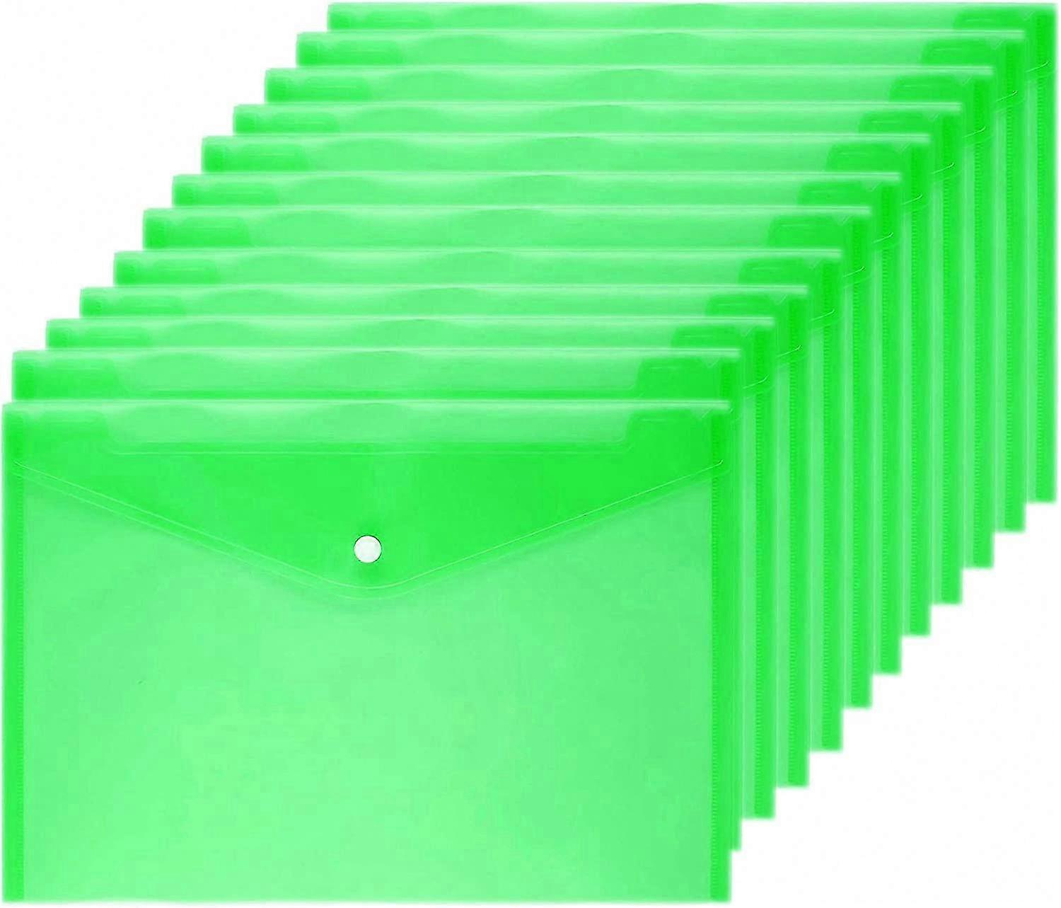 A4 Size Document Envelopes, 12 Pack Clear Poly Folders with Snap Closure, Durable Green Storage Solution