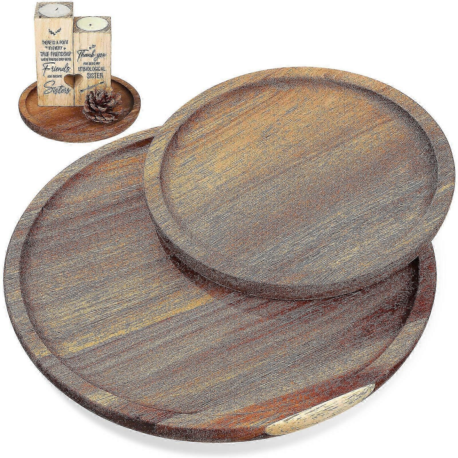 2Pcs Rustic Wooden Round Serving Trays for Storage