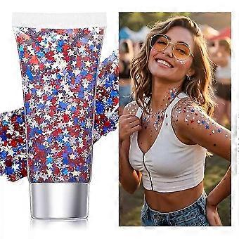 Patriotic Glitter Gel - Red Blue Silver Stars Self-Adhesive for Festivals YTQ