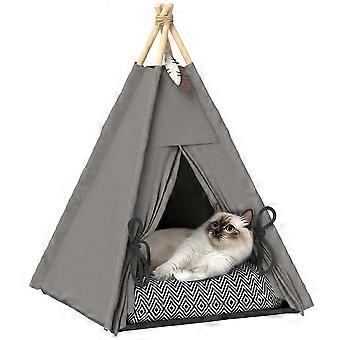 Grått tipi-format husdjurstält med kudde inomhus sovhus för katter små hundar varmt och mysigt husdjursskydd 60×60×76 cm