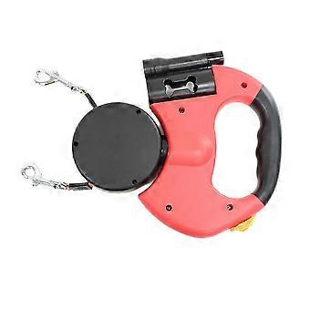 Auto Retractable Dual Dog Leash with Flashlight Waste Bag Box Roulette Double-Ended Traction Rope Pet Red