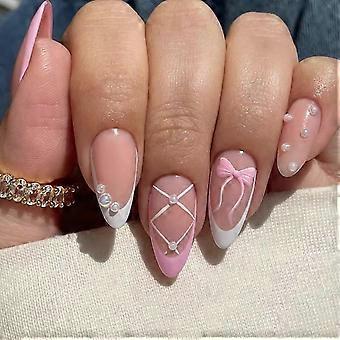 Almond French Tip Press On Nails Pink White Acrylic Reusable Set with Bow Pearl Design 24Pcs