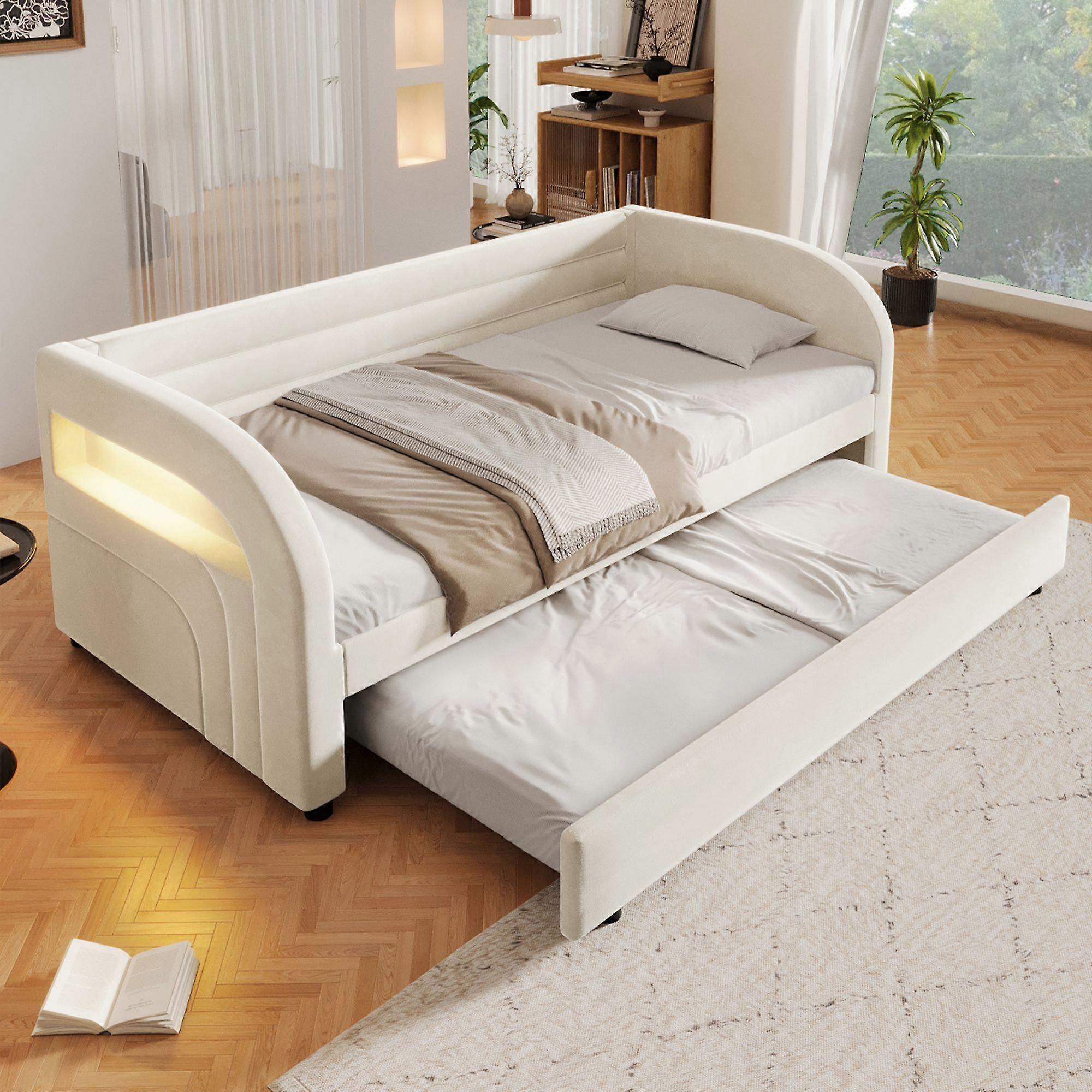 90x200 upholstered platform bed with practical pull-out bed & LED lighting, beige
