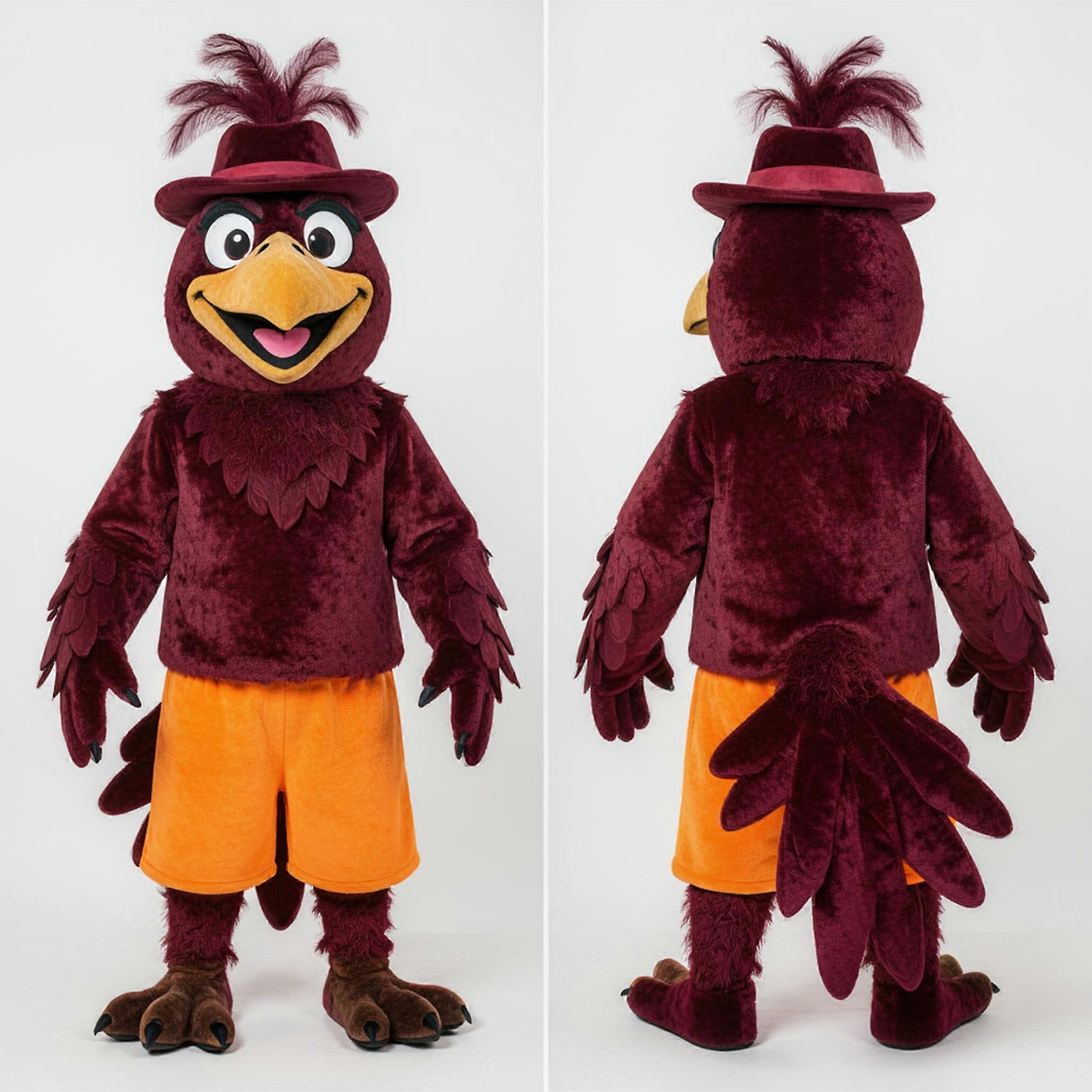 MASTICOT Maroon Plush Feathered Crow Mascot