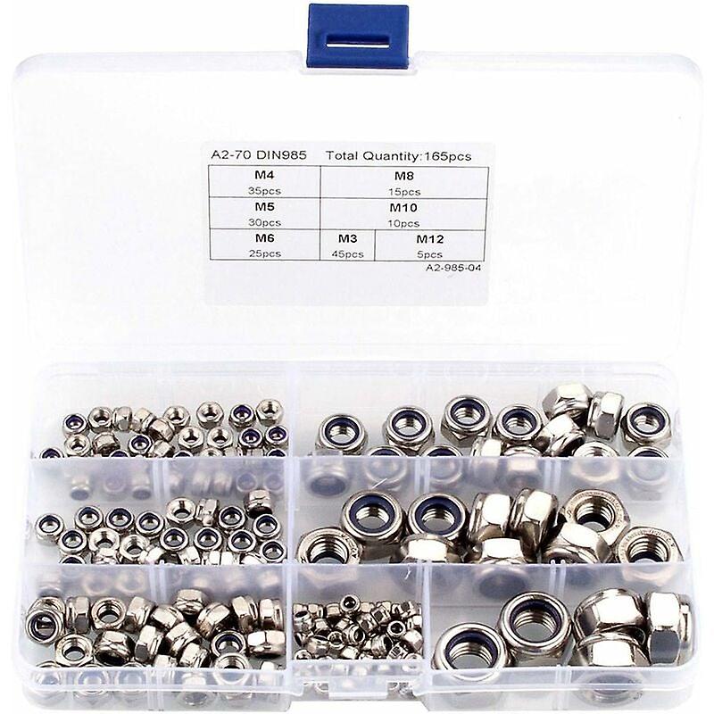 165Pcs Nylon Lock Nuts Assortment Kit, 304 Stainless Steel Hex Lock Nuts with Plastic Storage Case (Nylstop Nuts: M3 M4 M5 M6 M8 M10 M12),