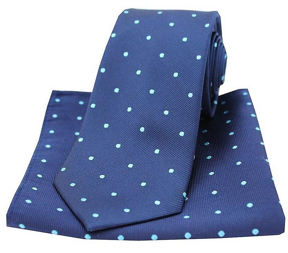 David Van Hagen Polka Dot Silk Tie and Pocket Square - Navy/Light Blue