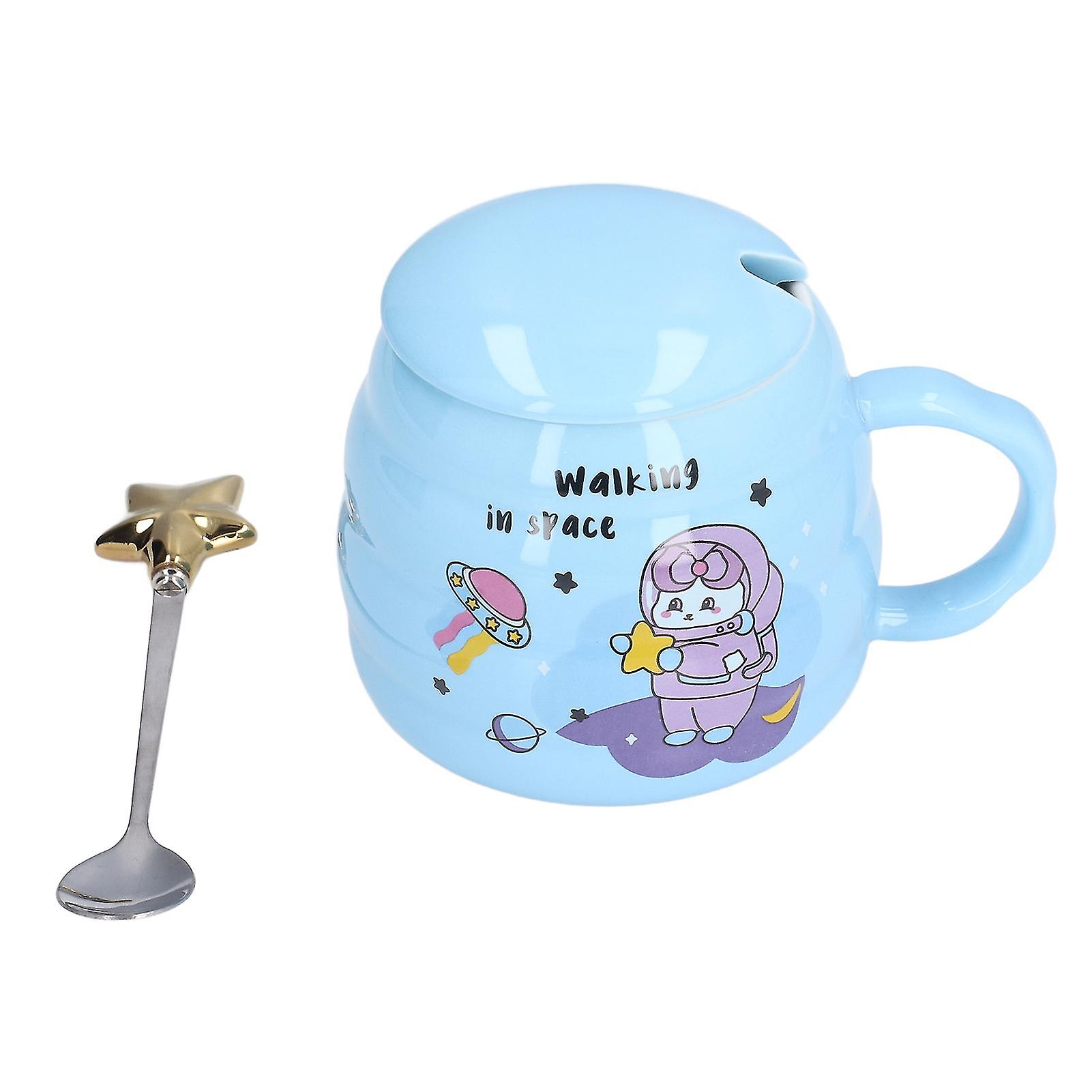 450ml Ceramic Coffee Cup with Lid & Spoon Cute Space Pattern Mug