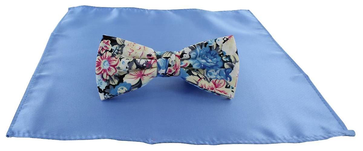 Michelsons of London Contast Floral Bow Tie and Plain Pocket Square Set - Light Blue