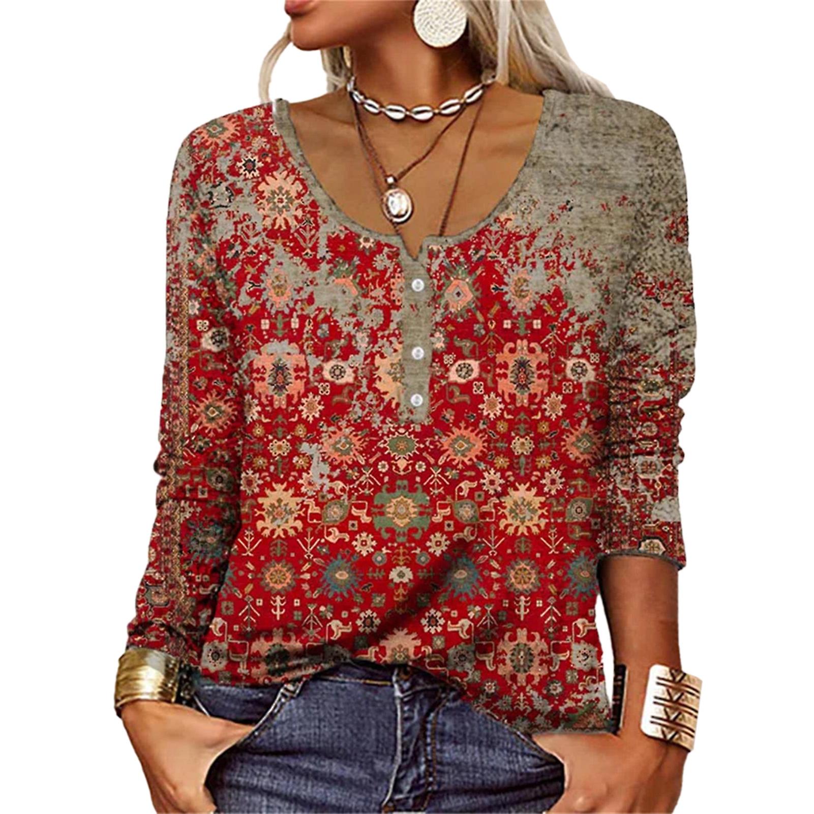Women Long Sleeve Shirt U Neck Fashion Print 1/4 Button Casual