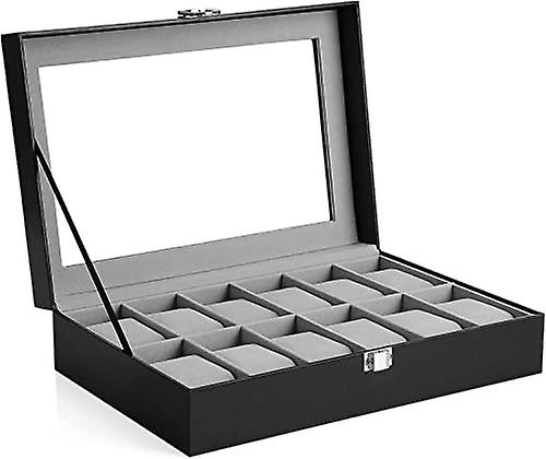 Luxurious 12-compartment watch box with glass lid and velvet lining