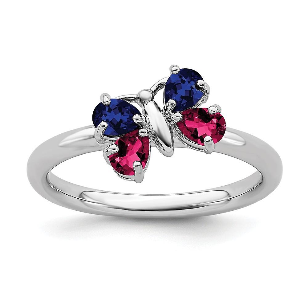 2.25mm 925 Sterling Silver Polished Prong set Stackable Cr Ruby and Cr Sapphire Butterfly Angel Wings Ring-Stackable-Rin