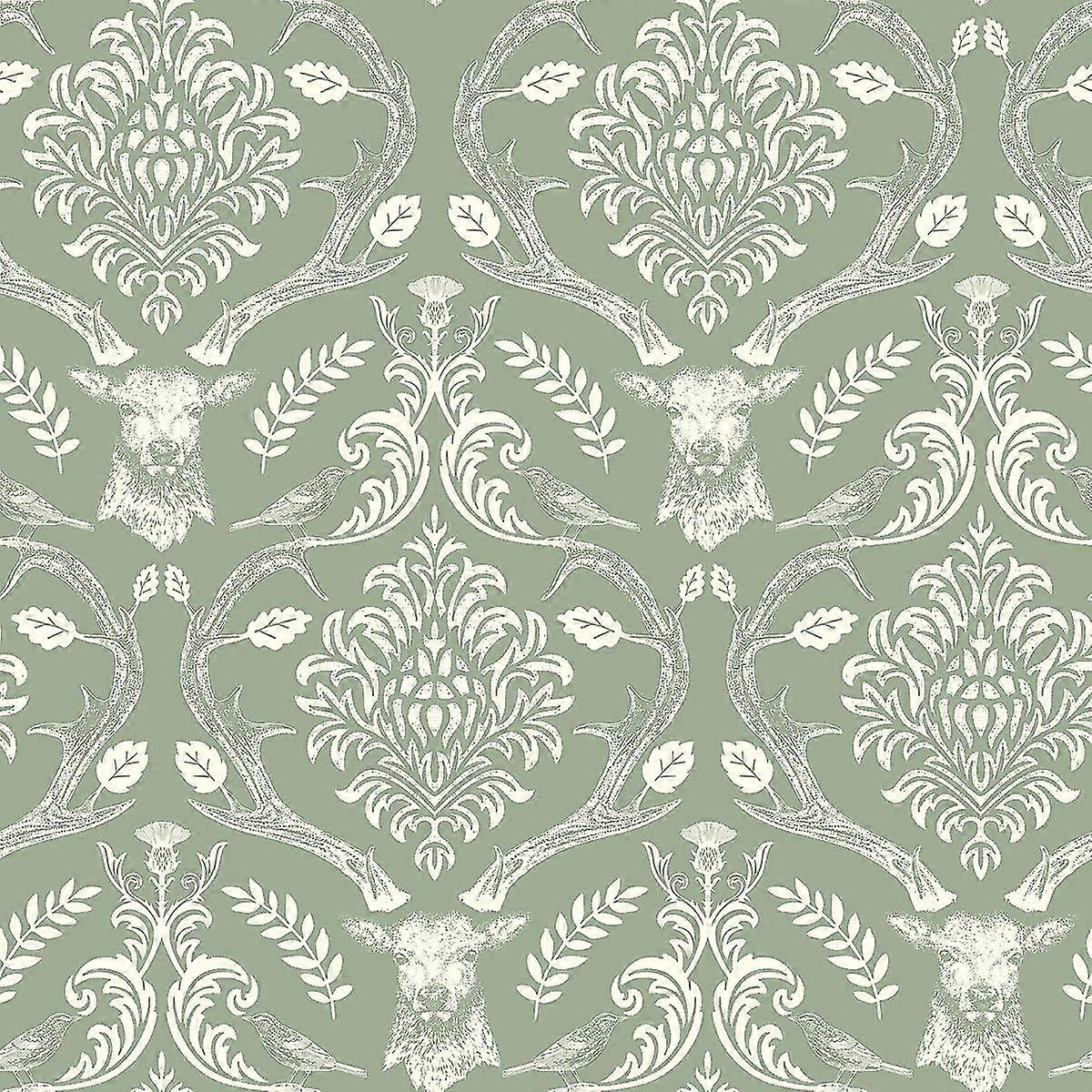 Stag Damask Wallpaper Sage Green Arthouse 923706