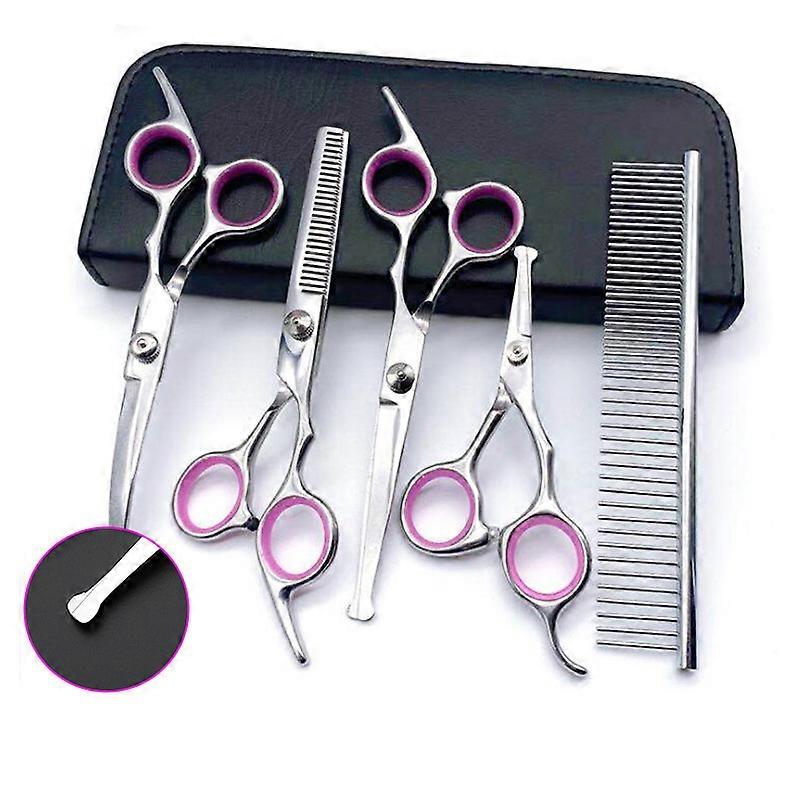Dog Grooming Scissors Set with Safety Round Head, Stainless Steel Professional Grooming Scissors Set - Thin, Straight, Curved Scissors and Combs for H
